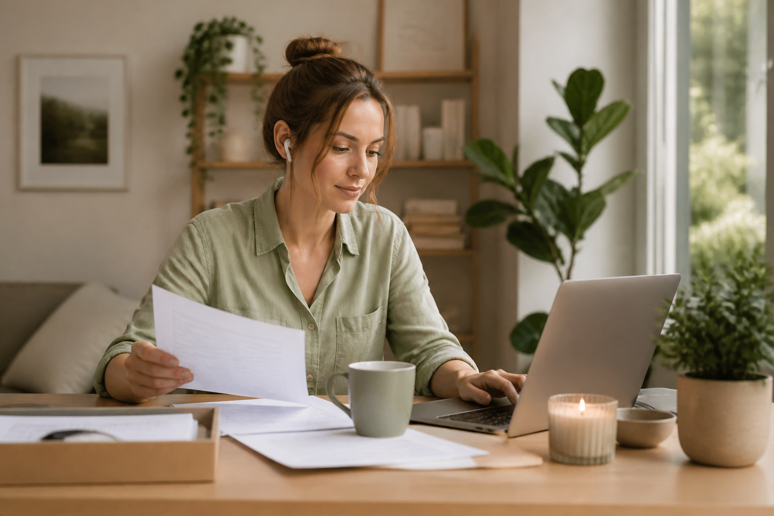 Person doing routine desk work with a sense of lighter secondary engagement in the background