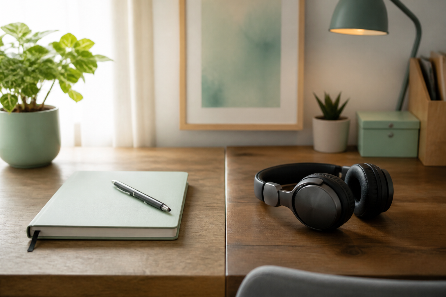 Split-feel desk scene suggesting choosing between quiet focus and light background sound by task type