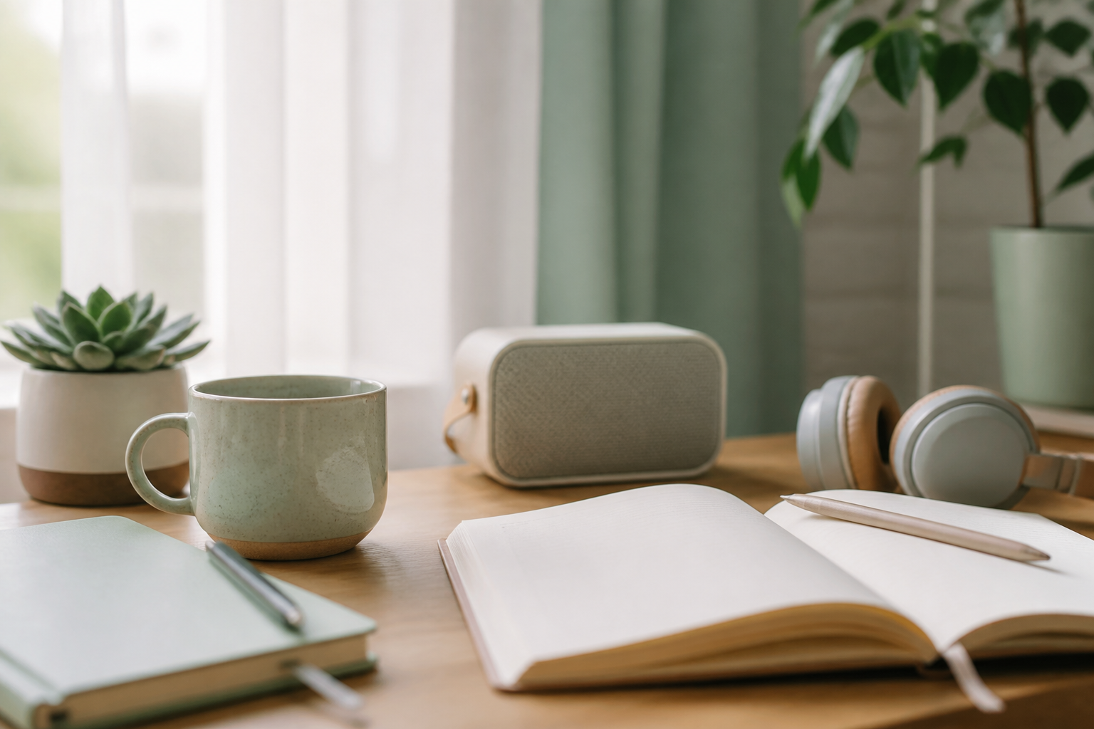 Calm desk setup with soft ambient light suggesting focus aided by gentle background sound